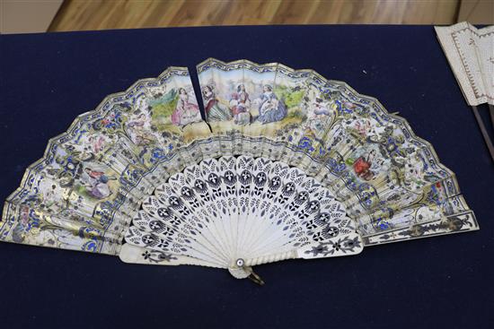 A 19th century Continental bone fan, with hand painted lithographed leaf and another printed with Chanson Pour 26cm and 28cm